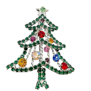 Rhinestone studded multicolor Christmas tree with ornament pin brooch